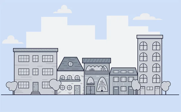 Sokak evlerin. Düz tasarım evlerde. Bir dizi farklı evler. Siyah ve beyaz renkler. Cephe örnekleri. Çok katlı ev sahipliği yapmaktadır. Vektör.