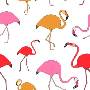 Flamingo Dikişsiz desen. Düz stil. Turuncu, pembe, kırmızı renkleri. Giyim, kumaş, duvar kağıdı tasarım şablonu.