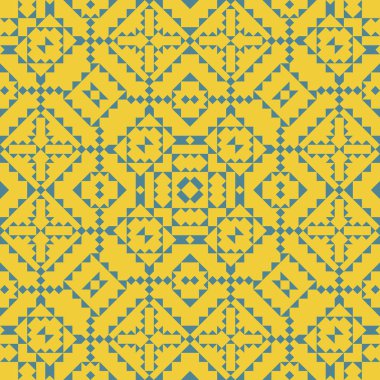 Soyut vektör seamless modeli basit geometrik şekiller. Mavi üçgen sarı bir arka plan üzerinde. Tasarım kumaş, kağıt, çini üzerine basım için.