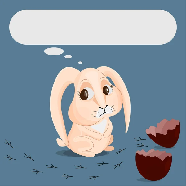 Den beige kanin ser sorgligt på en trasig choklad ägg och spår av en fågel. Äggskal halvor. Konceptet att förlora en vän. Plats för text. — Stock vektor