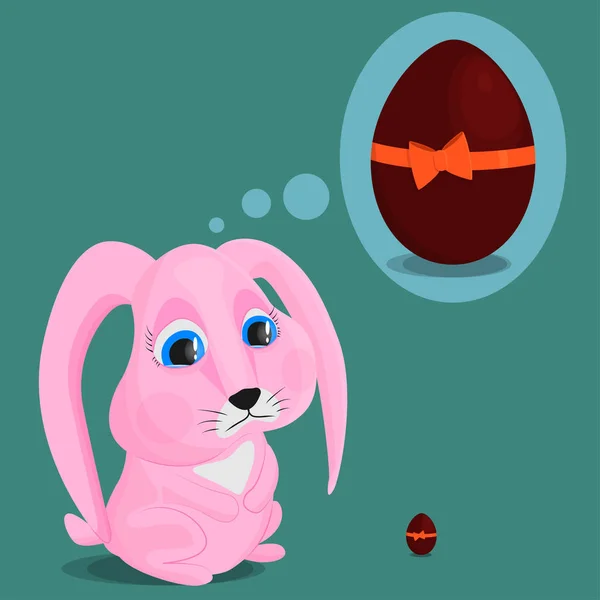 Um coelho rosa triste olha para um pequeno ovo de chocolate e sonha com um grande. O conceito de desejos discrepância e realidade . —  Vetores de Stock