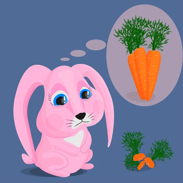 De roze konijn aten alle wortelen en dromen van het toevoegen van meer. Vector beeld van een trieste schattige Bunny, rijpe wortel en zijn restjes. Het concept van honger en gebrek aan voedsel. — Stockvector