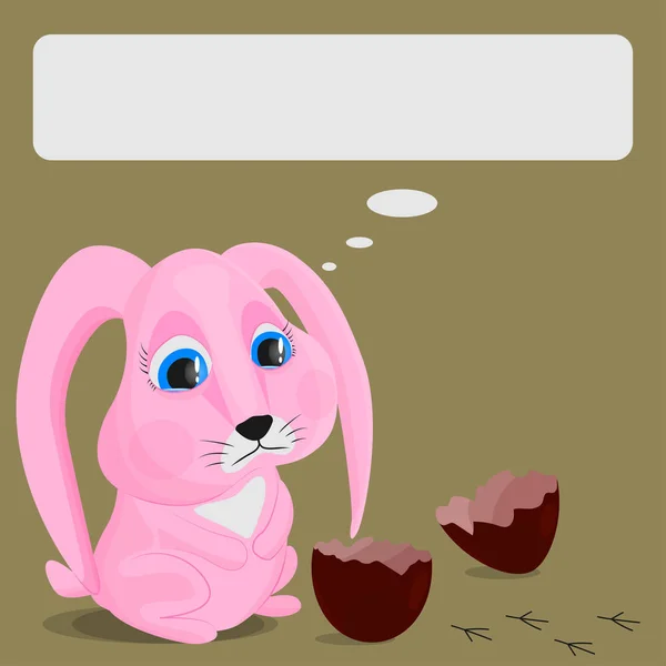 Pink Easter Bunny tittar sorgligt på en trasig choklad ägg och spår av kyckling. Vektor bild av en sorglig kanin. Begreppet frustration, att förlora en vän. — Stock vektor
