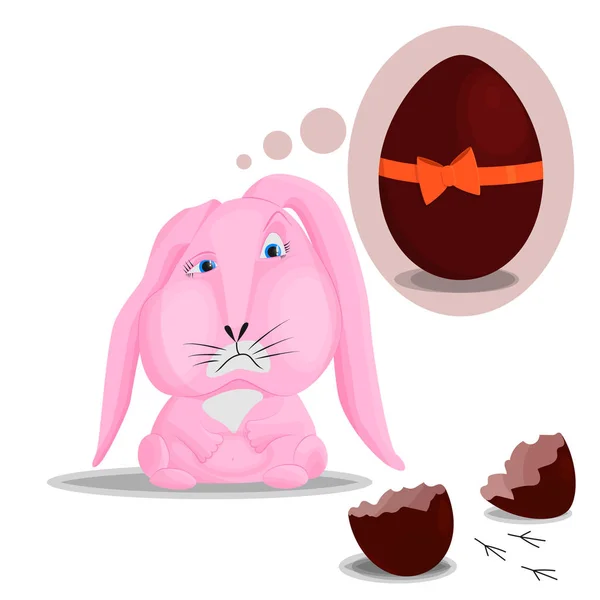 Pembe tavşan büyük bir çikolata yumurtası rüyalar. Bir hediye yerine kırık bir yumurtadan, tavuk kaçtı ve izleri bıraktı. Düz tarzda bir tavşan vektör görüntü.