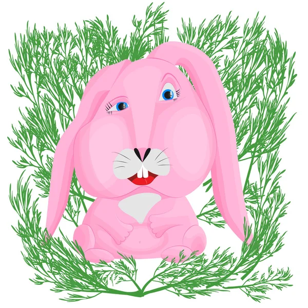 Pembe bir tavşan yeşil çim sapları arasında gülümsüyor. Sevinç ve mutluluk kavramı. — Stok Vektör