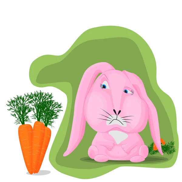 Coelho rosa em um fundo verde com tristeza olha para uma grande cenoura madura. Atrás de muitas sobras de comer cenouras. Conceito de imoderação em desejos, comida, gula . — Vetor de Stock