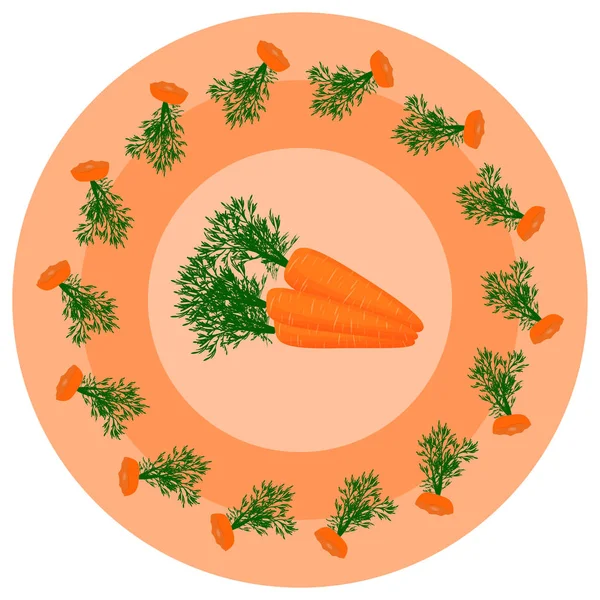 Patrón vectorial con zanahorias sobre un fondo de círculos naranjas. Zanahorias enteras en el centro, los restos de zanahorias comidas en un círculo . — Vector de stock