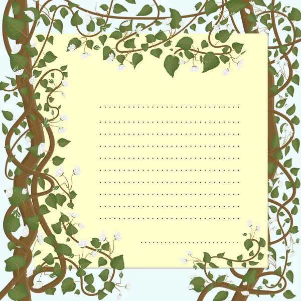 Oluşan botanik süs ile tebrik kartı, beyaz çiçekler ve yeşil yaprakları. Plant Actinidia colomikta elemanları.