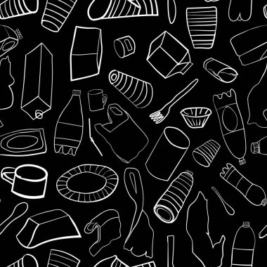 Siyah bir arka plan üzerinde plastik öğelerin doğrusal tarzında Dikişsiz desen. Tasarım, baskı, arka plan, doku için. Plastik Atık Kirliliği Önleme Kavramı.