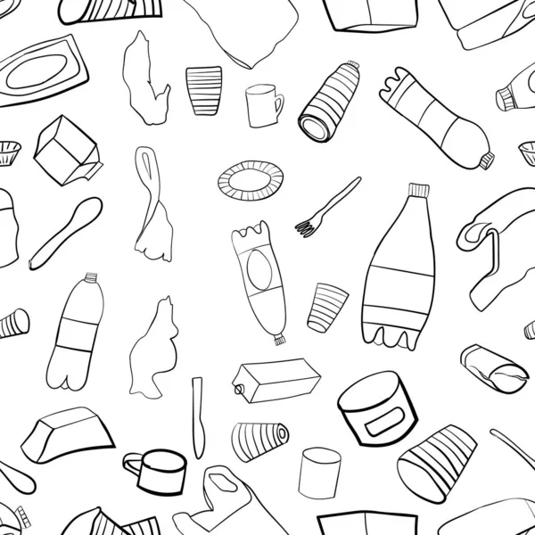 Plastik öğelerin vektör görüntülerinin kusursuz deseni. Plastik Atık Kirliliği Önleme Kavramı. Kumaş tasarımı, baskı, bir arka plan veya doku oluşturun. Beyaz arka planda doğrusal stil.