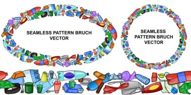 Plastik nesnelerden desenli dikişsiz vektör fırçası. Plastik atıklar ile doğa kirliliği kavramı. Çevreyi enkazdan koruma.