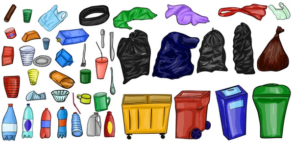 Plastik çöp seti, atık toplamak için torbalar, plastik eşyaları saklamak için çöp konteynerleri. Kirlilikten doğa koruma kavramı.