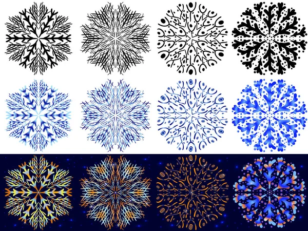 Płatków Śniegu Wzór Zimowy Zestaw Stylizowanych Płatków Śniegu Stylu Rysowania — Wektor stockowy