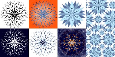 Farklı versiyonlarda stilize vektör kar tanesi - siyah, beyaz, farklı arka planlarda renkli. Kış temalarını yazdırmak için sorunsuz desen. Logolar, simgeler için öğeler kümesi.