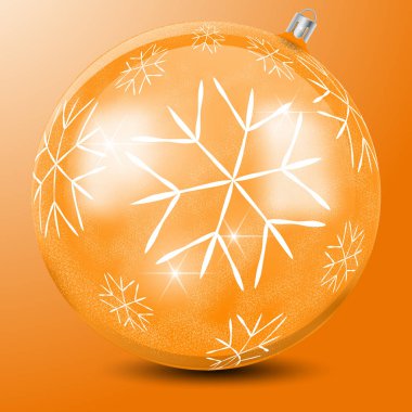Beyaz kar taneleri ile Altın renkli Noel topu. Kar desenli bir Noel ağacı için bir Noel topu gerçekçi görüntü.