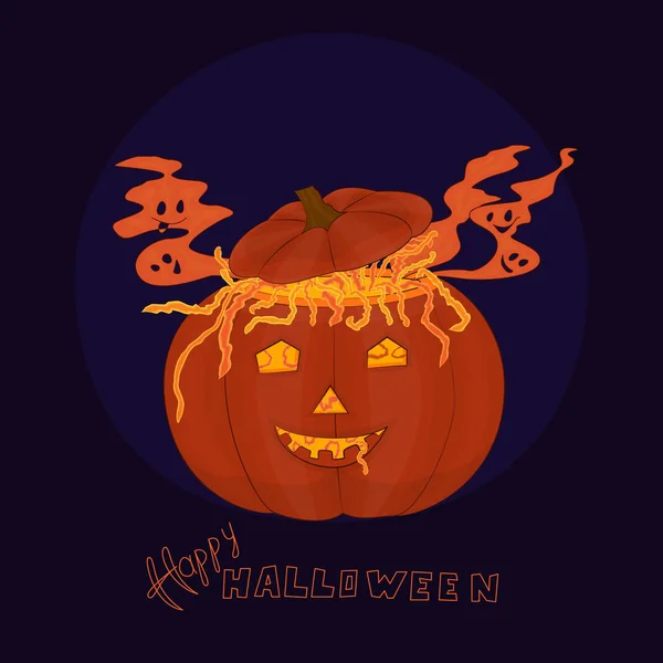 Halloween Poster Glowing Pumpkin Text Happy Halloween Cut Face Ghosts — Stock Vector