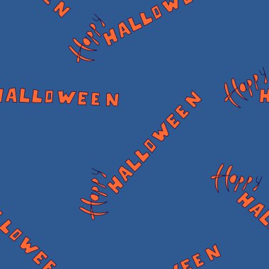 Mavi arkaplana Mutlu Cadılar Bayramı tarzı el çizimi metnin kusursuz deseni. Kumaş üzerine baskı için turuncu harfler, tebrik kartları için arkaplan, davetiyeler.