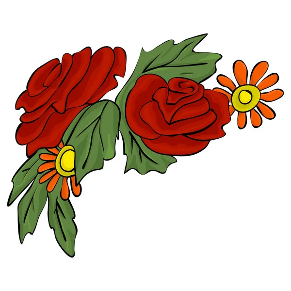 Adorno Botánico Con Rosas Rojas Margaritas Para Diseño Tarjetas Día — Archivo Imágenes Vectoriales