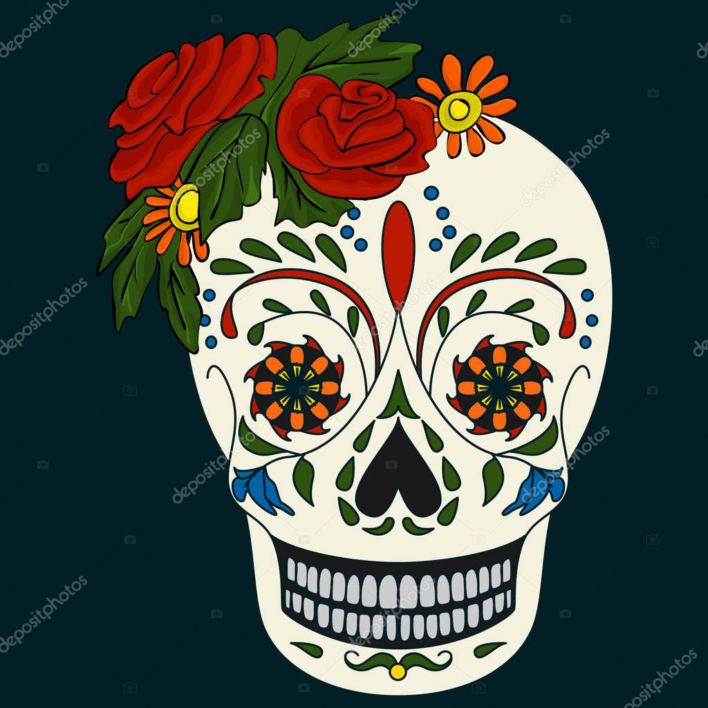 Mexican holiday - Day of the Dead. Human chserep with ornaments of flowers. A bouquet of red roses. Vector illustration for design on the theme of the Day of the Dead.