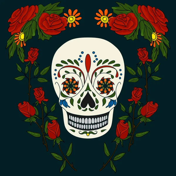 Geleneksel Meksika Ölüler Günü. Koyu arkaplanda kırmızı güllerle süslenmiş insan kafatası. Ölüm temasının tasarımı için vektör illüstrasyonu.