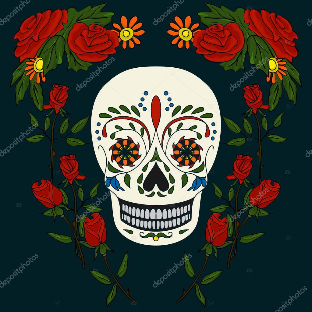 Traditional Mexican Day of the Dead. Human skull decorated with red roses on a dark background. Vector illustration for design on the theme of death.