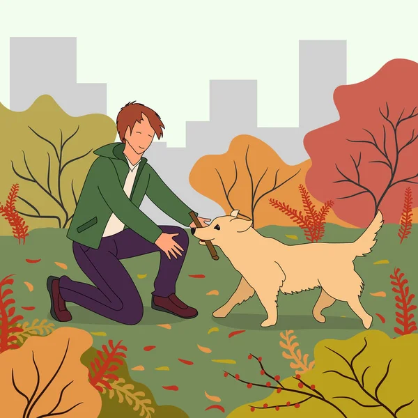 Молодой Человек Играет Собакой Обучение Золотистого Ретривера Обучающий Пито Осенний — стоковый вектор