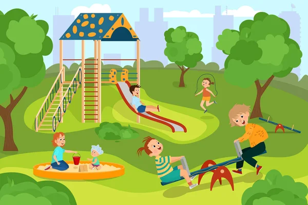 Küçük çocuklar yaz mevsiminde oyun alanında oynarlar. Neşeli oğlanlar ve kızlar salıncakta sallanıyor, ip atlıyor, çocuk kaydırağına biniyor. Oyun parkı, düz stil oyun alanı.