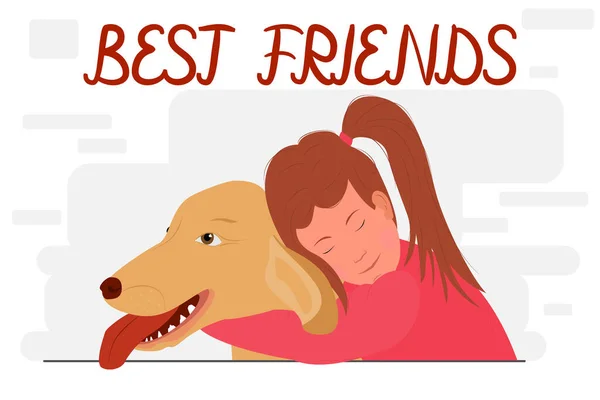 Girl Hugs Big Dog Lettering Best Friends Friendship Children Pets — Stock Vector