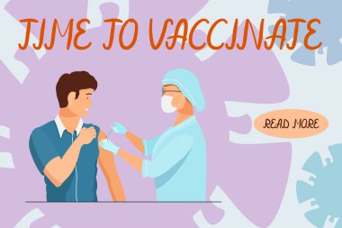 Doktor adama hastalığa karşı bir aşı veriyor. Aşı yapma zamanı geldi. Düz bir şekilde vektör, soyut arkaplan. Web tasarımı için modern kavram.
