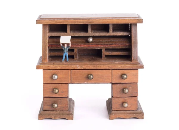 Small vintage wooden desk, small man with sigh - Clean desk policy