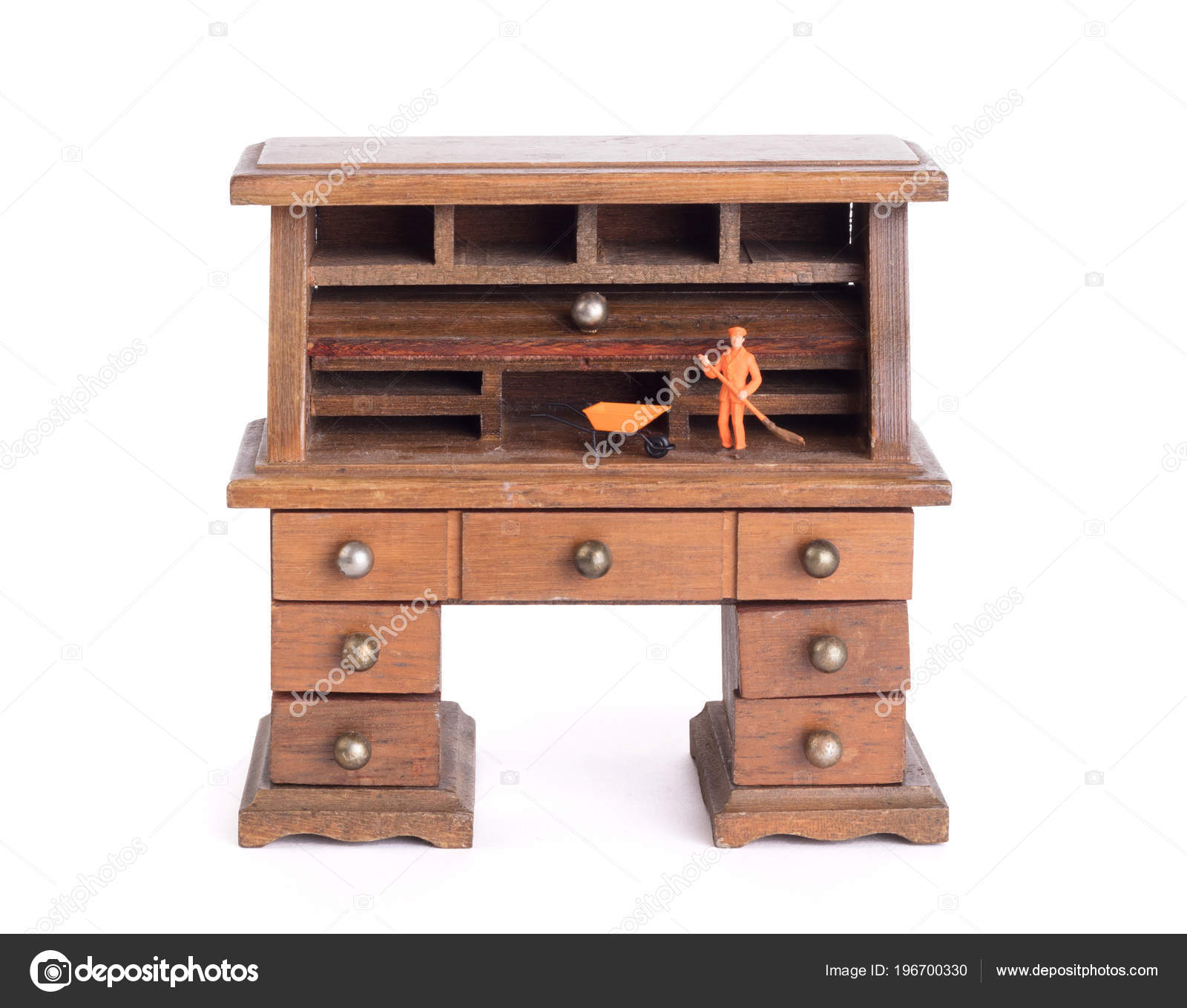 Small Vintage Wooden Desk Man Cleaning Clean Policy Small Vintage Wooden Desk Man Cleaning Clean Policy Stock Photo