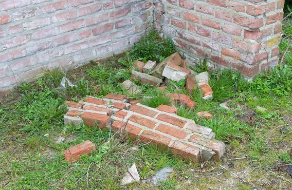 Muro Roto Ladrillos Suelo Jardín Los Países Bajos —  Fotos de Stock