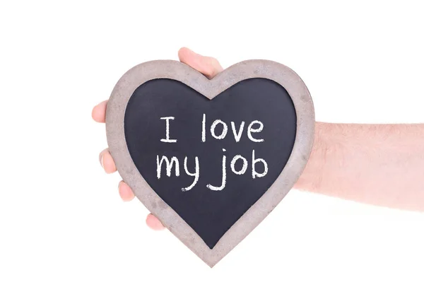 Erwachsene Mit Herzförmiger Kreidetafel Isoliert Auf Weiß Lieben Meinen Job — Stockfoto