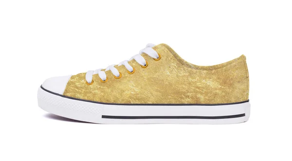 Novo Sapato Sapatilha Isolado Fundo Branco Ouro — Fotografia de Stock