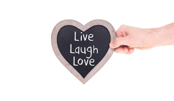 Ενήλικας Κρατώντας Καρδιά Σχήμα Μαυροπίνακας Απομονωθεί Λευκό Live Γέλιο Αγάπης — Φωτογραφία Αρχείου