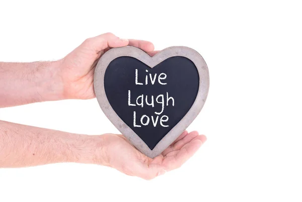 Взрослые Держат Руках Сердечную Доску Isolated White Live Laugh Love — стоковое фото