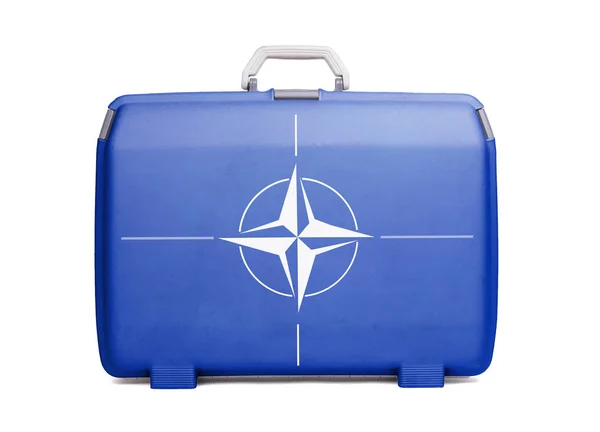 Used Plastic Suitcase Stains Scratches Printed Flag Nato — Stock Photo, Image