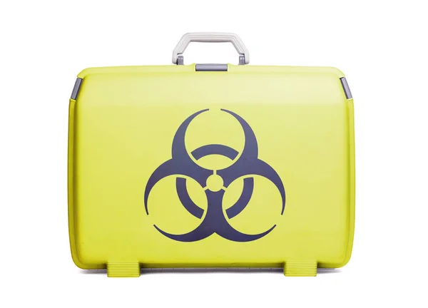 Used Plastic Suitcase Stains Scratches Printed Sign Danger Biohazard — Stock Photo, Image