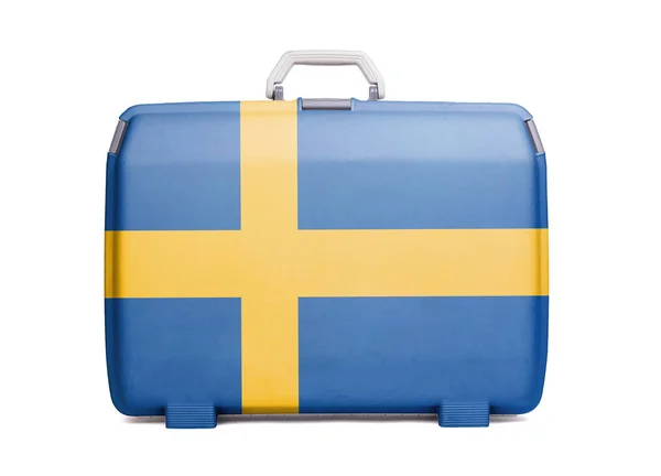 Використовується Пластикові Чемодан Плями Подряпини Надруковані Прапором Швеція — стокове фото