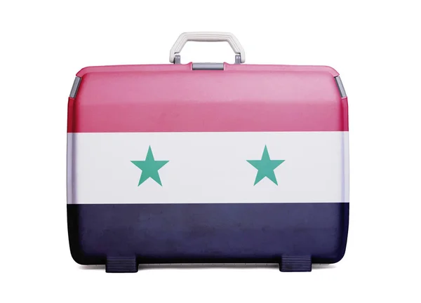 Используется Пластиковый Чемодан Пятнами Царапинами Отпечатанный Флагом Сирия — стоковое фото