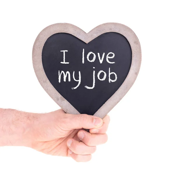 Erwachsene Mit Herzförmiger Kreidetafel Isoliert Auf Weiß Lieben Meinen Job — Stockfoto