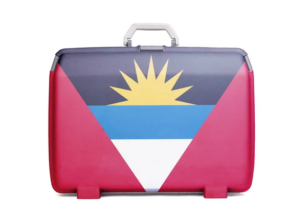 二手塑料手提箱 带有污渍和划痕 印有国旗 安提瓜和巴布达 — 图库照片