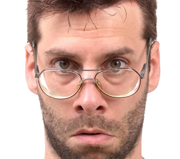 Głupkowaty Człowiek Okularami Białym Tle — Zdjęcie stockowe
