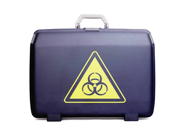 Használt Műanyag Bőröndöt Foltok Karcolásoktól Nyomtatott Jele Veszély Biohazard — Stock Fotó