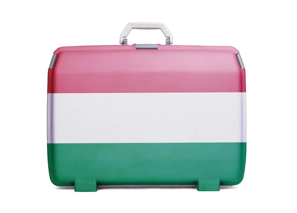 Maleta Plástico Usada Con Manchas Arañazos Impresa Con Bandera Hungría —  Fotos de Stock