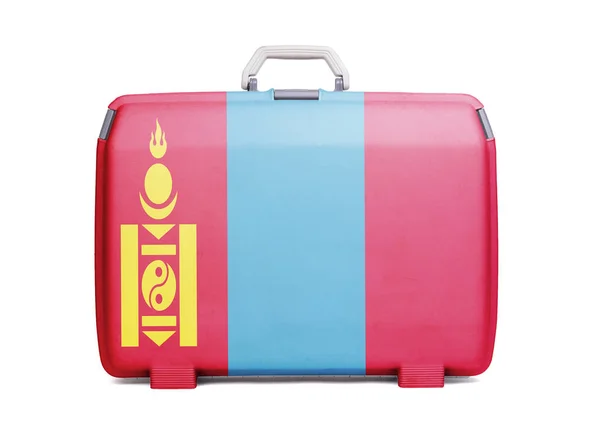 Used plastic suitcase with stains and scratches, printed with flag, Mongolia