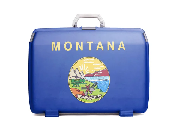 Используется Пластиковый Чемодан Пятнами Царапинами Отпечатанный Флагом Монтана — стоковое фото