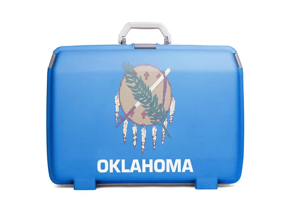 Valise Plastique Usagée Avec Taches Rayures Imprimée Avec Drapeau Oklahoma — Photo