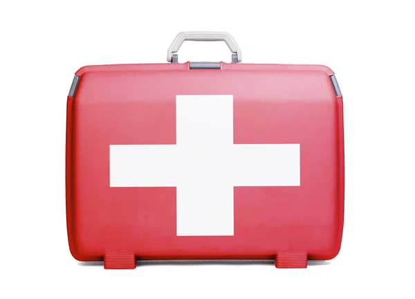 Gebrauchter Kunststoffkoffer Mit Flecken Und Kratzern Bedruckt Mit Fahne Schweiz — Stockfoto