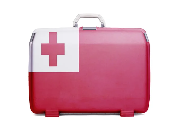 Gebruikte Kunststof Koffer Met Vlekken Krassen Afgedrukt Met Vlag Tonga — Stockfoto